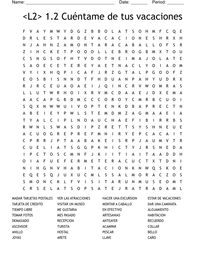 <L2> 1.2 Cuéntame  de tus vacaciones Word Search
