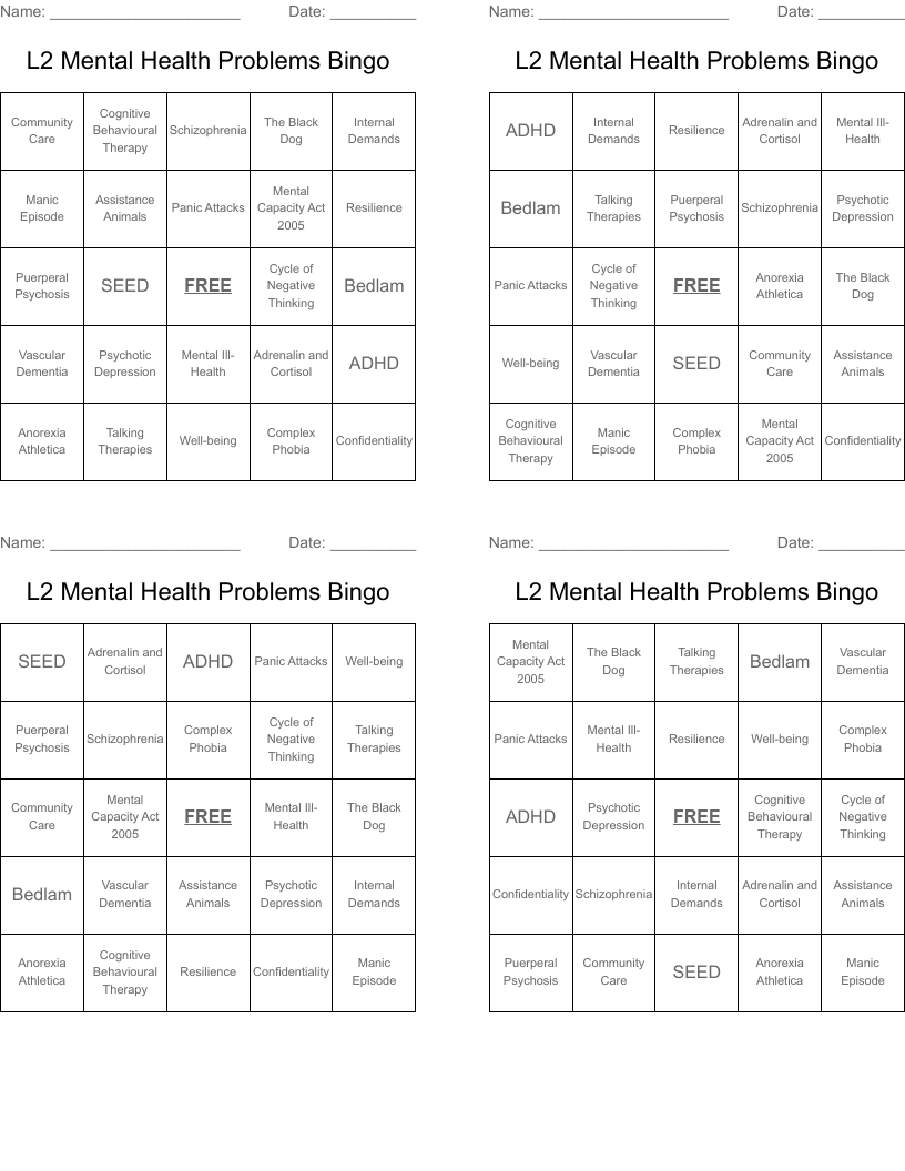 L2 Mental Health Problems Bingo
