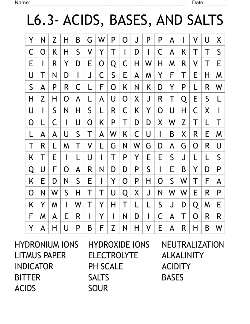 L6.3- ACIDS, BASES, AND SALTS Word Search