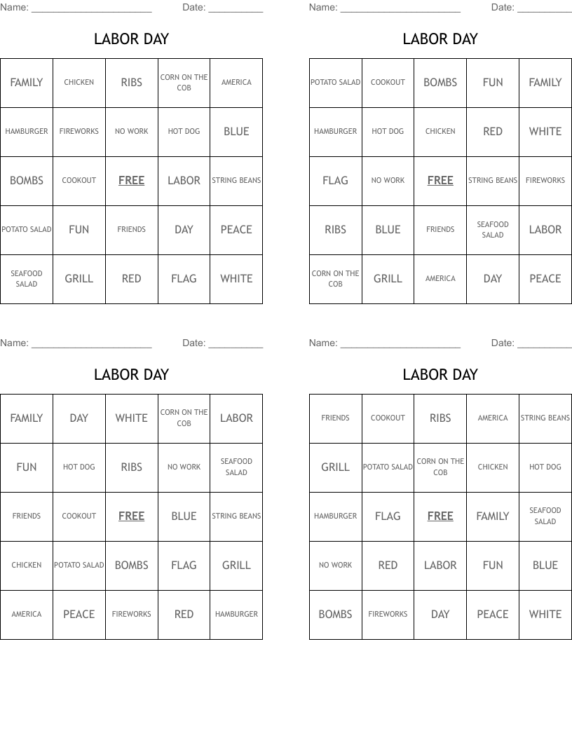 LABOR DAY Bingo Cards