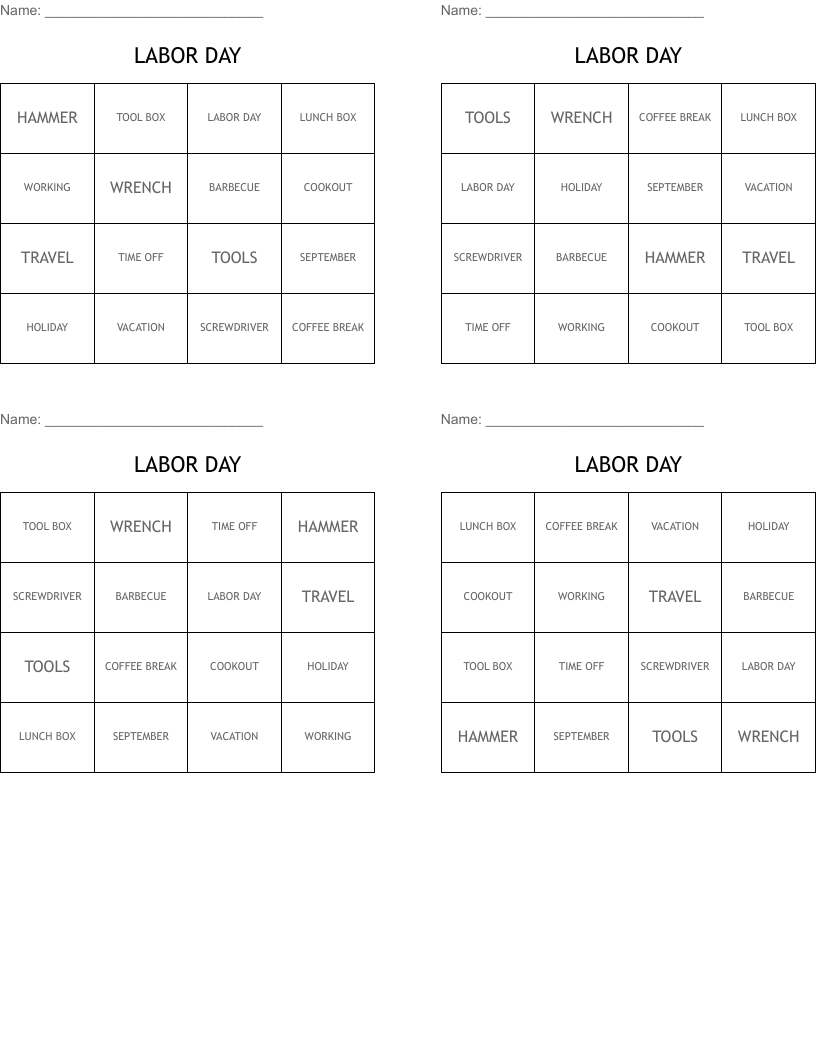 LABOR DAY Bingo Cards