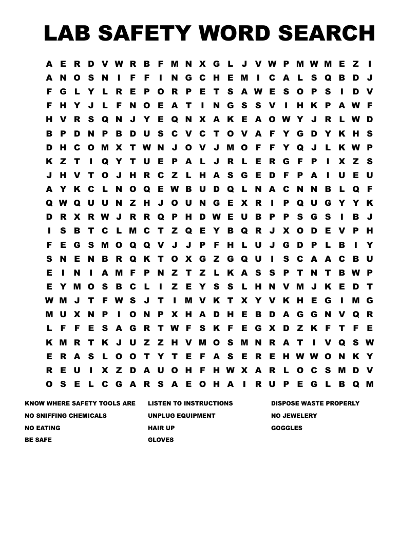LAB SAFETY WORD SEARCH