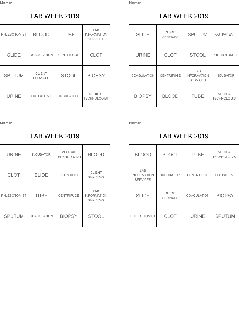 LAB WEEK 2019 Bingo Cards
