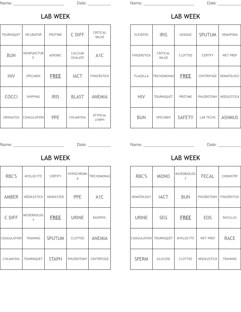 LAB WEEK Bingo Cards