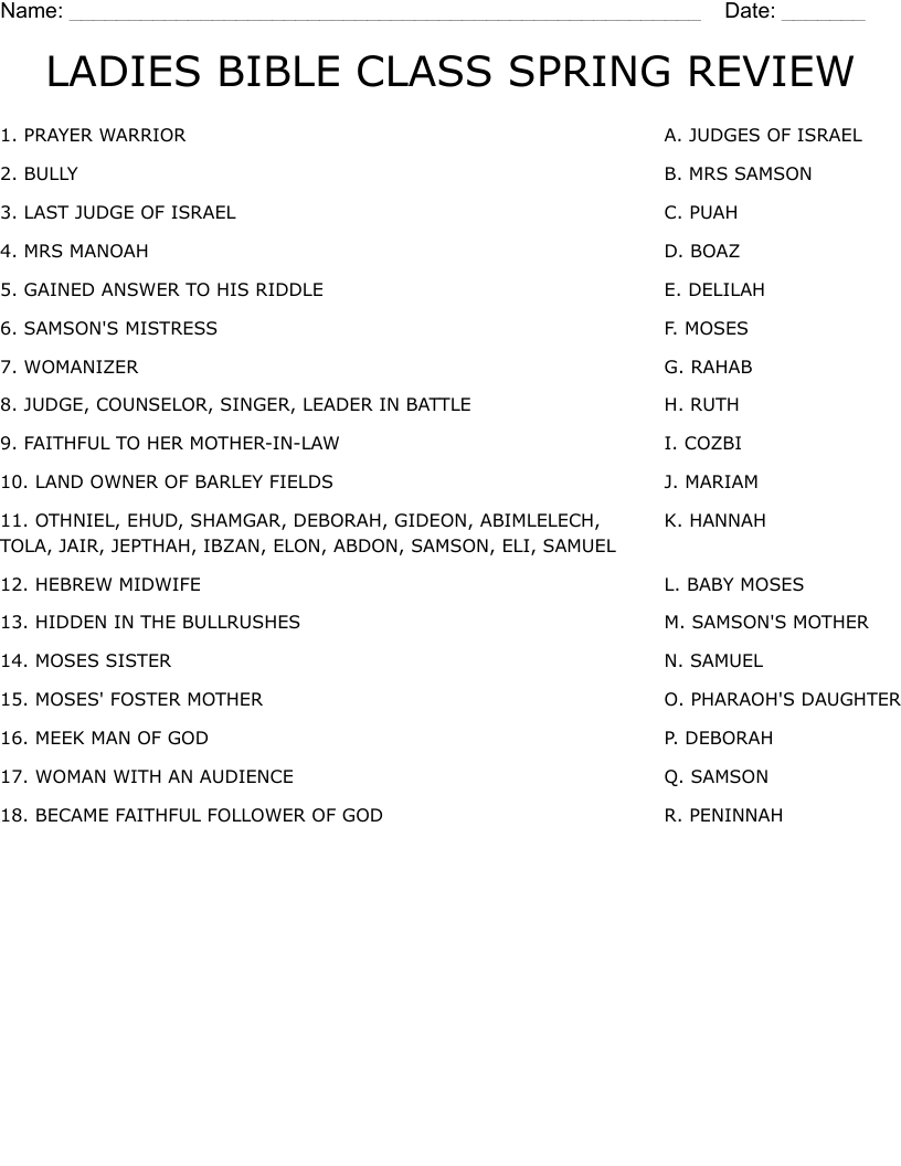 LADIES BIBLE CLASS SPRING REVIEW Worksheet