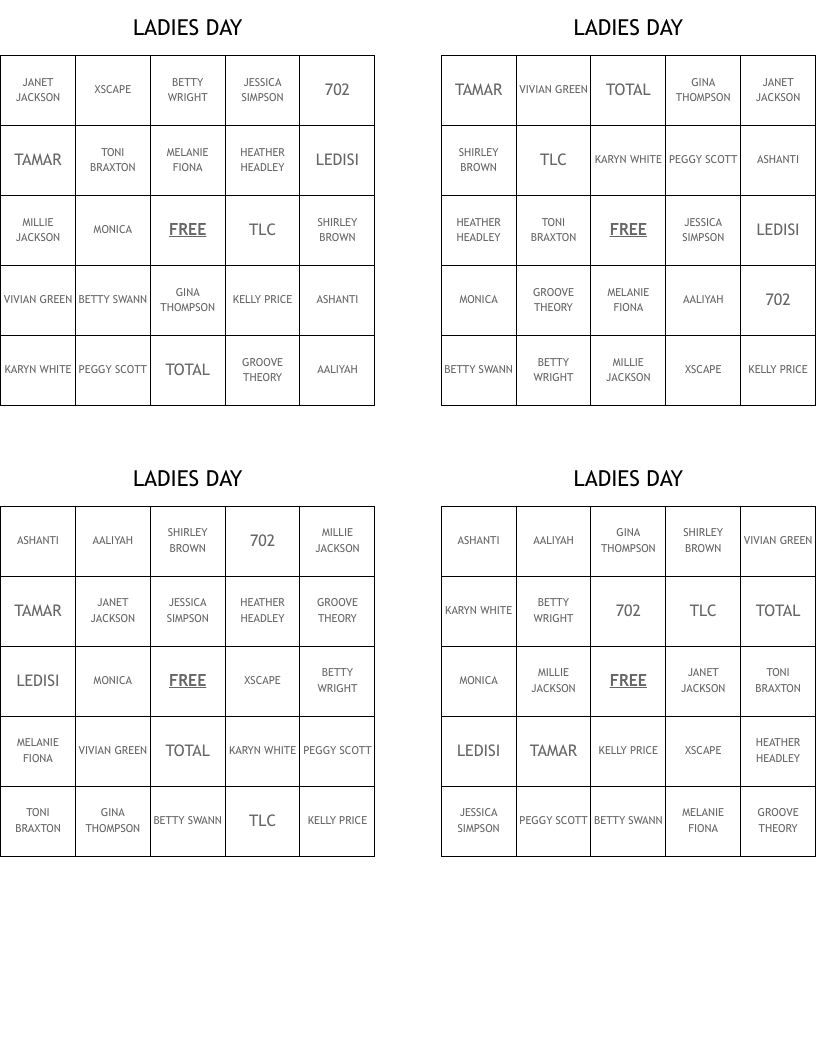 LADIES DAY  Bingo Cards