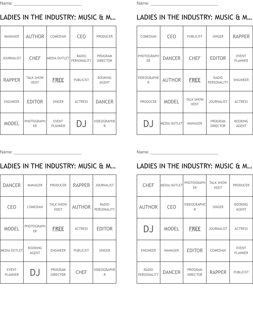 LADIES IN THE INDUSTRY: MUSIC & MEDIA Bingo Cards