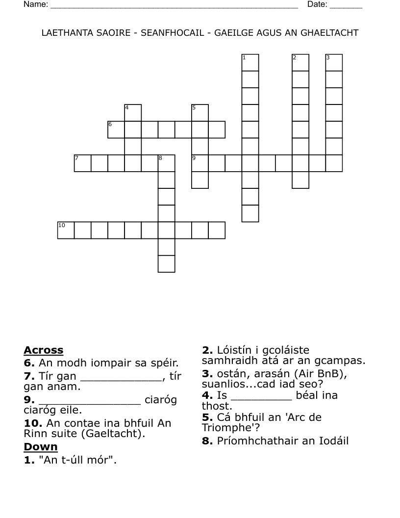 LAETHANTA SAOIRE - SEANFHOCAIL - GAEILGE AGUS AN GHAELTACHT Crossword
