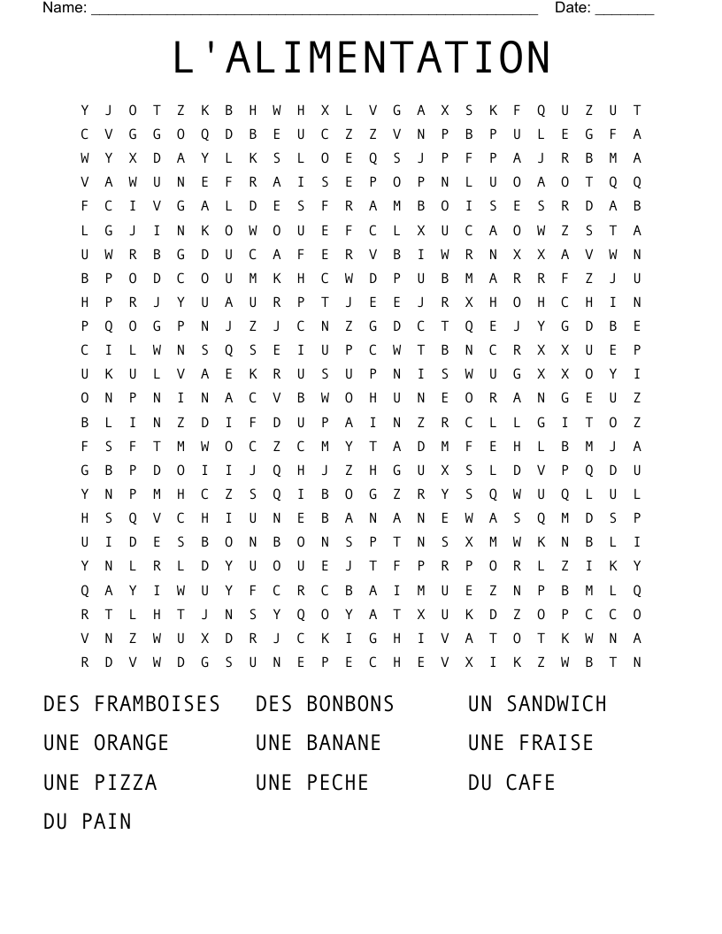 L'ALIMENTATION Word Search