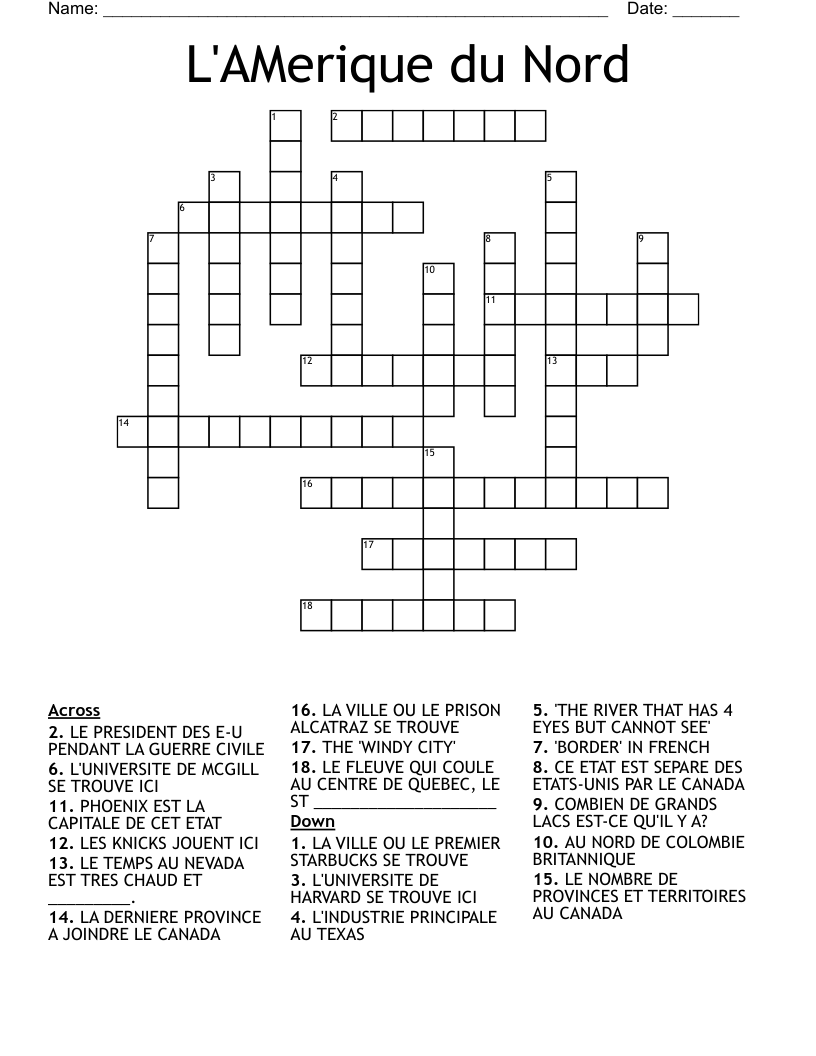 L'AMerique du Nord Crossword