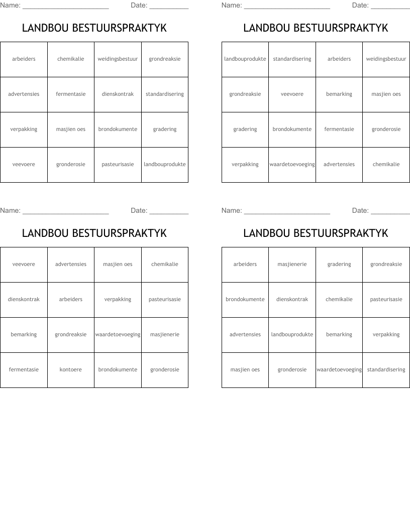 LANDBOU BESTUURSPRAKTYK Bingo Cards