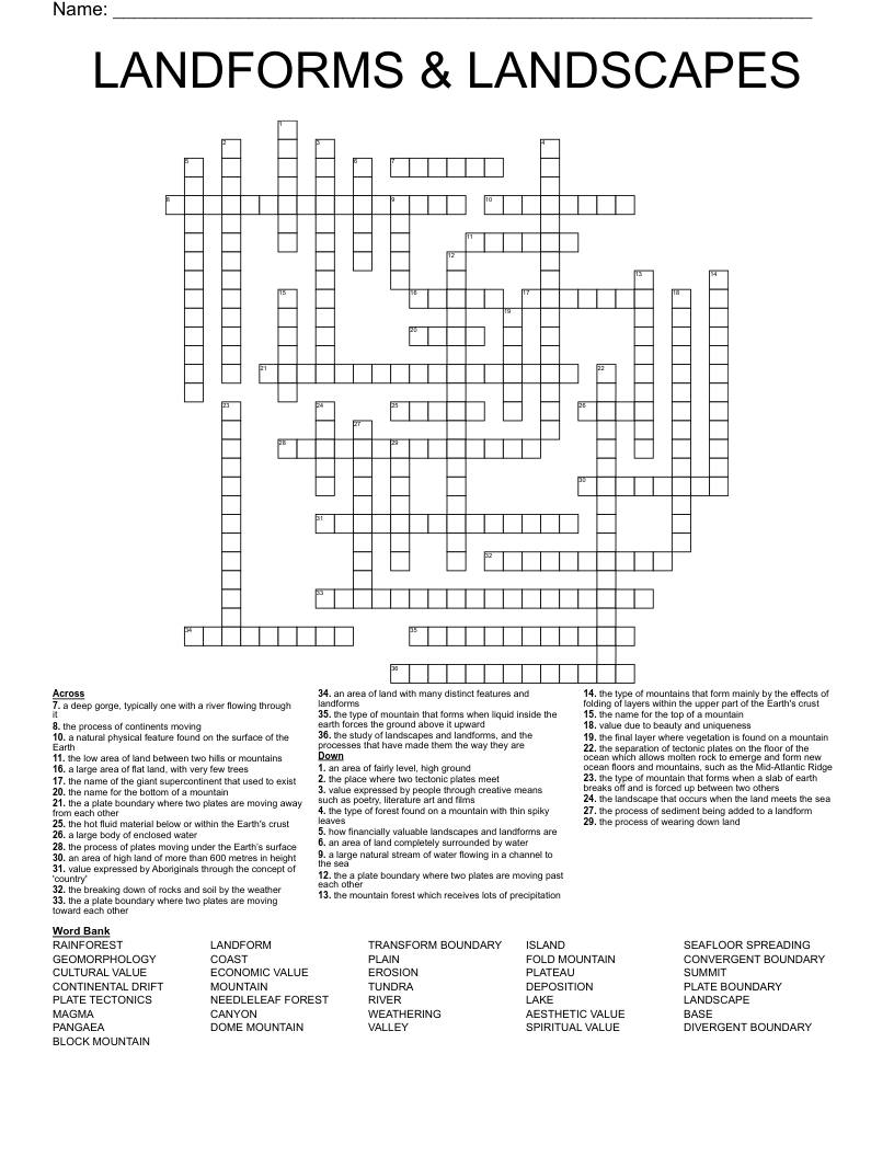 LANDFORMS & LANDSCAPES Crossword