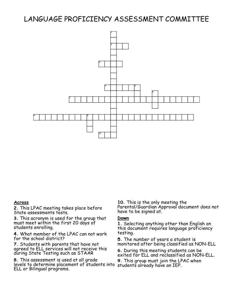 LANGUAGE PROFICIENCY ASSESSMENT COMMITTEE Crossword