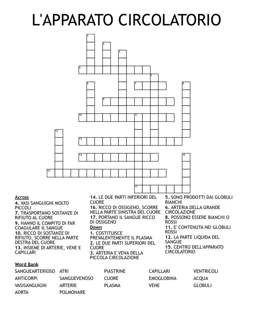 L'APPARATO CIRCOLATORIO Crossword