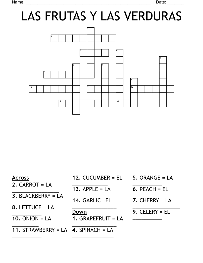 LAS FRUTAS Y LAS VERDURAS Crossword