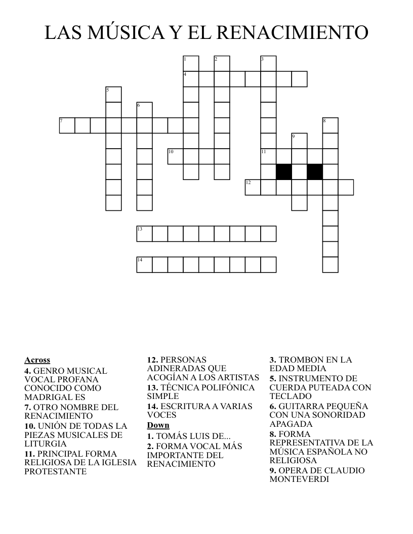 LAS MÚSICA Y EL RENACIMIENTO Crossword