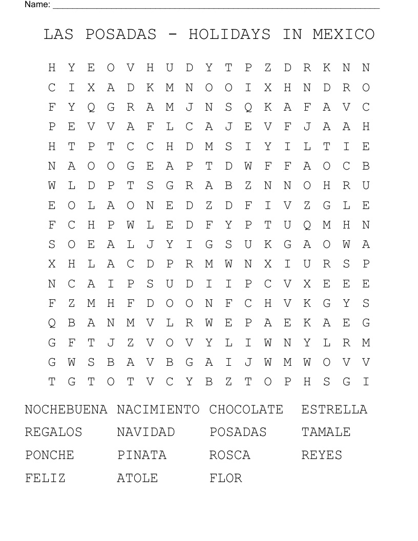 LAS POSADAS - HOLIDAYS IN MEXICO Word Search