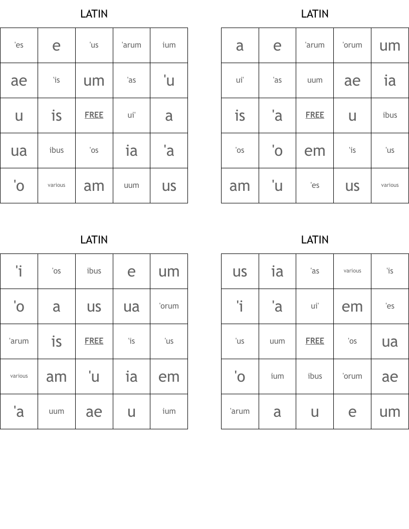 LATIN Bingo Cards