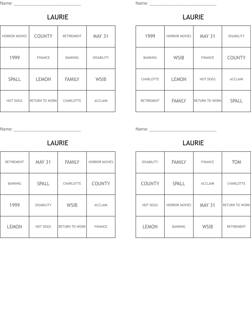 LAURIE Bingo Cards