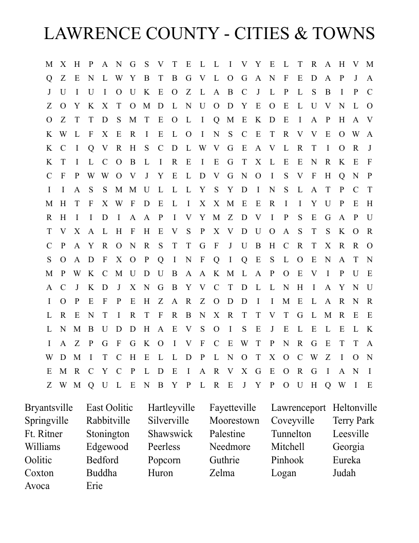 LAWRENCE COUNTY - CITIES & TOWNS Word Search