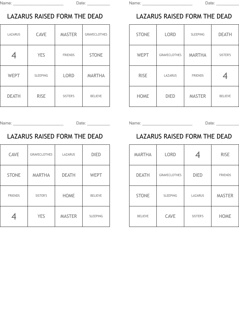 LAZARUS RAISED FORM THE DEAD Bingo Cards