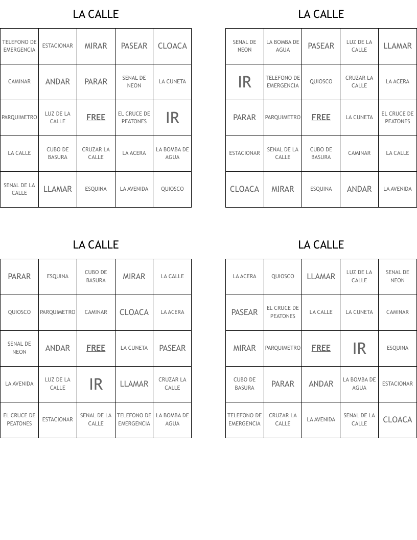LA CALLE Bingo Cards