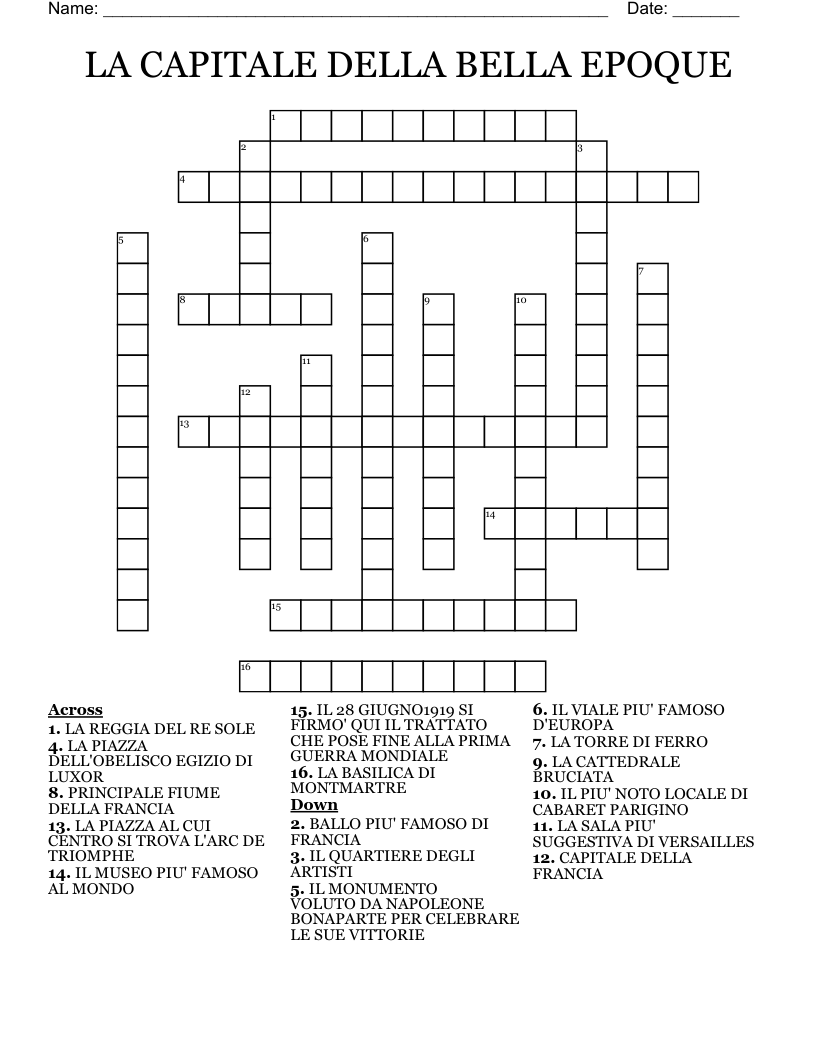 LA CAPITALE DELLA BELLA EPOQUE Crossword