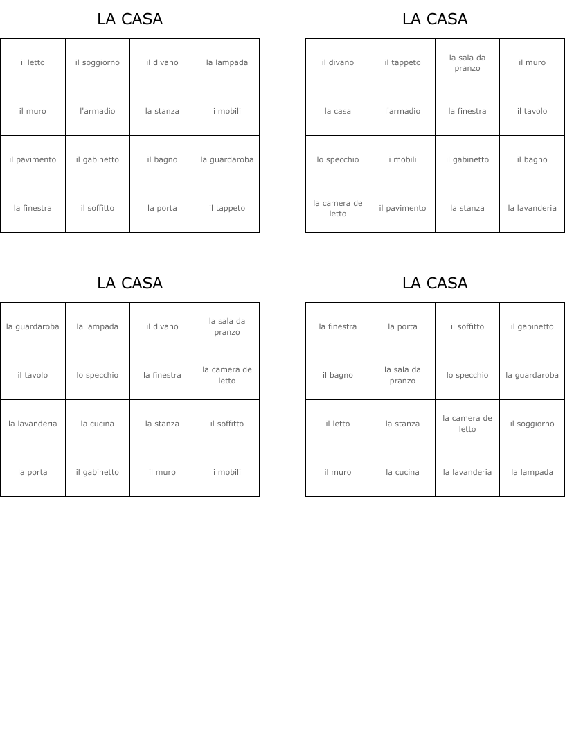 LA CASA Bingo Cards