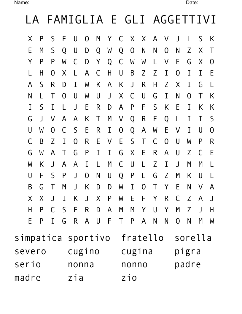 LA FAMIGLIA E GLI AGGETTIVI Word Search