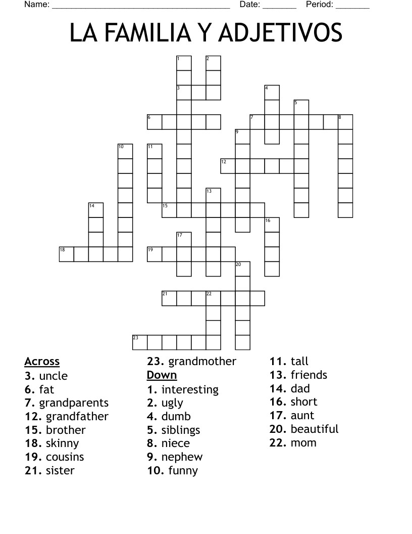 LA FAMILIA Y ADJETIVOS Crossword