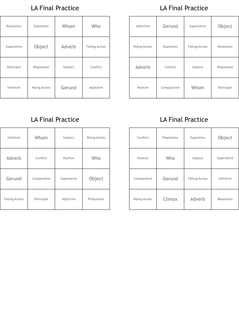 LA Final Practice Bingo Cards