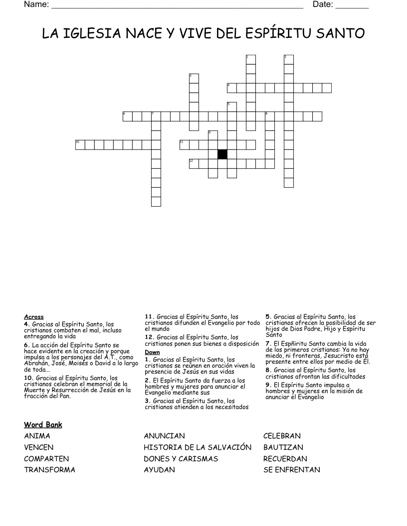 LA IGLESIA NACE Y VIVE DEL ESPÍRITU SANTO Crossword