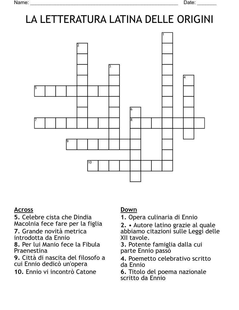 LA LETTERATURA LATINA DELLE ORIGINI Crossword