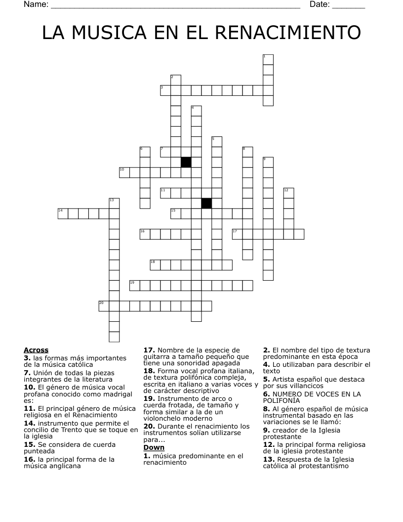 LA MUSICA EN EL RENACIMIENTO Crossword