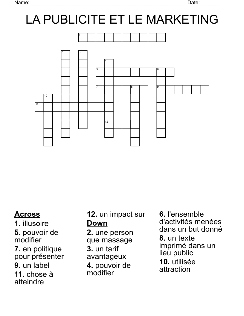 LA PUBLICITE ET LE MARKETING Crossword