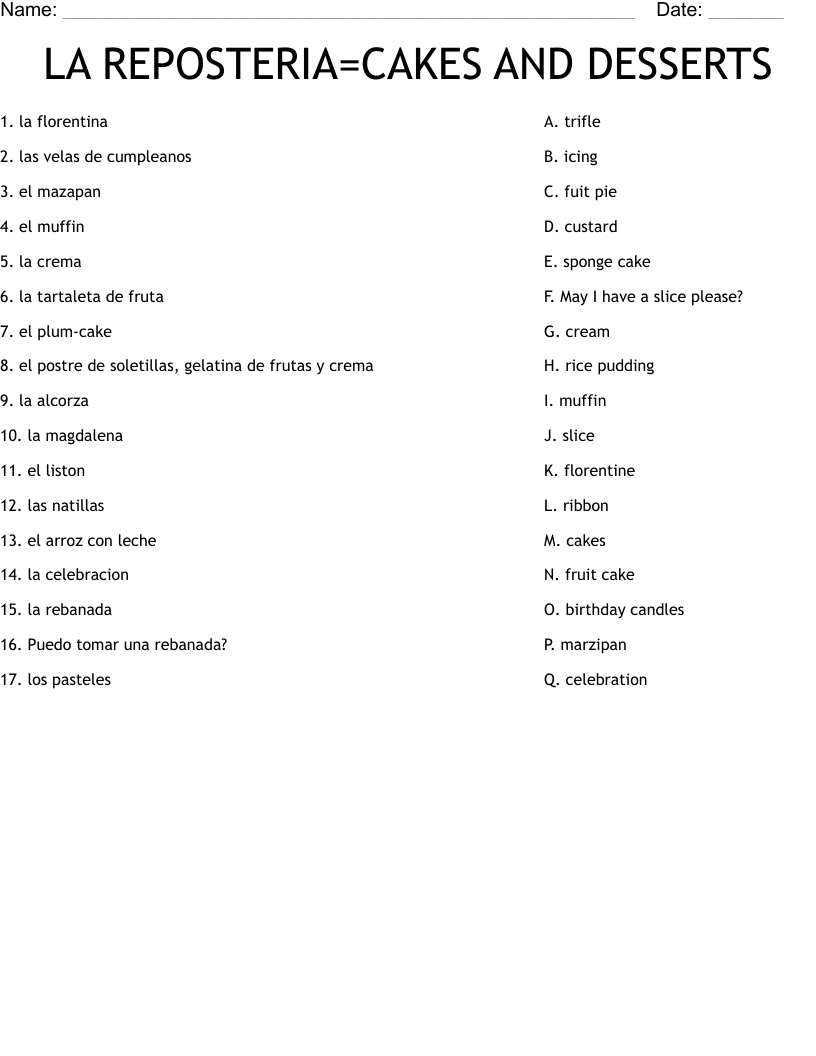 LA REPOSTERIA=CAKES AND DESSERTS Worksheet