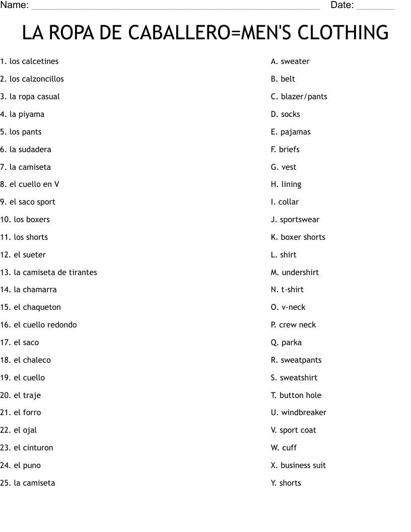 LA ROPA DE CABALLERO=MEN'S CLOTHING Worksheet