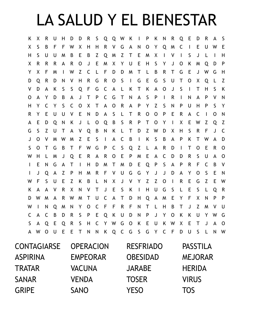 LA SALUD Y EL BIENESTAR  Word Search
