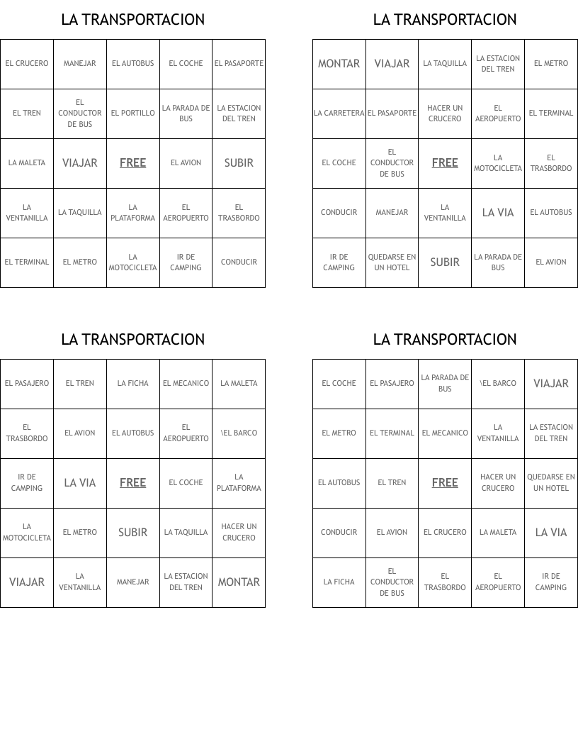 LA TRANSPORTACION Bingo Cards