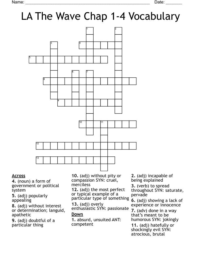 LA The Wave Chap 1-4 Vocabulary Crossword