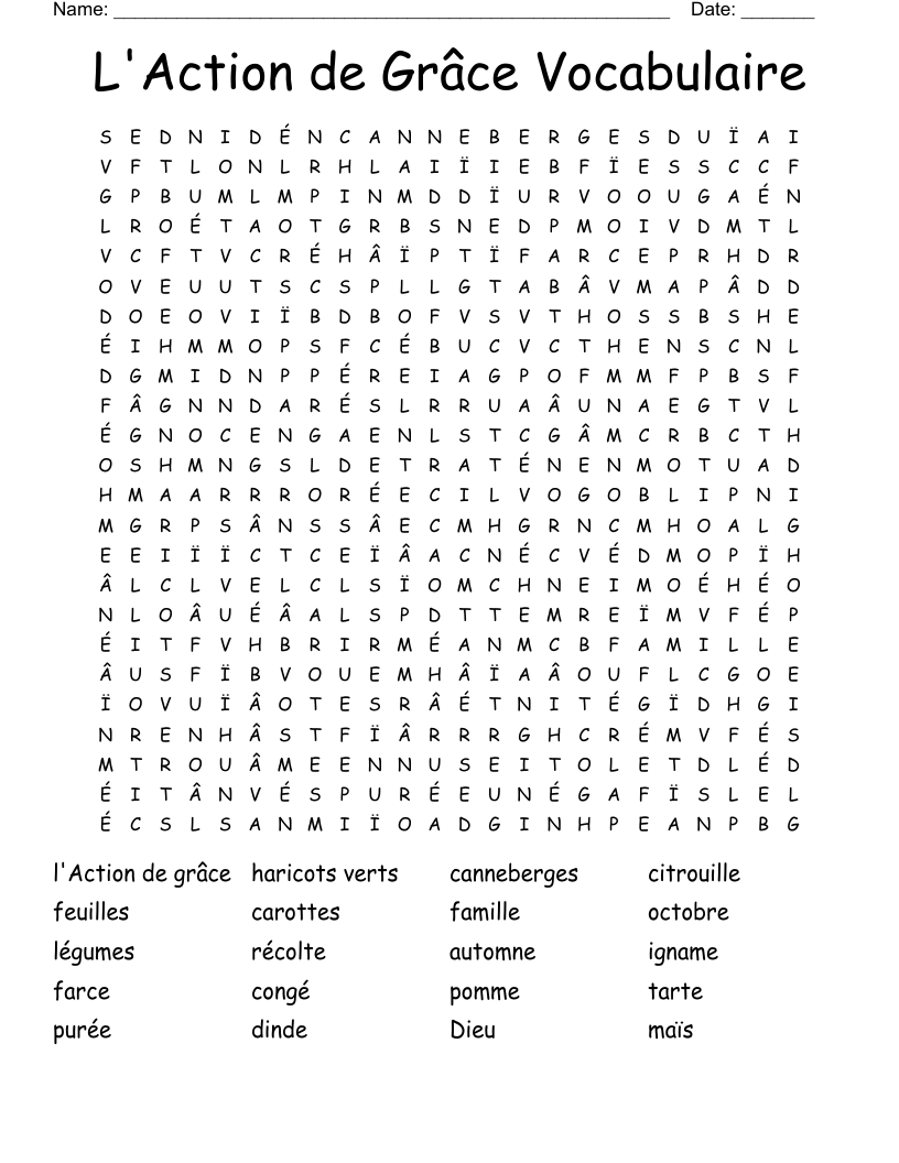 L'Action de Grâce Vocabulaire Word Search