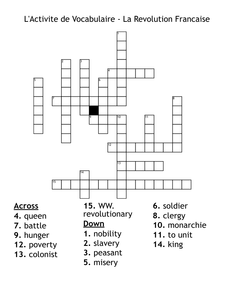 L'Activite de Vocabulaire - La Revolution Francaise Crossword