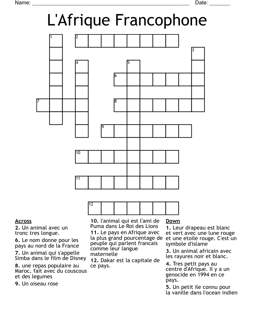 L'Afrique Francophone Crossword