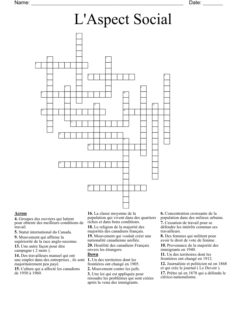 L'Aspect Social  Crossword