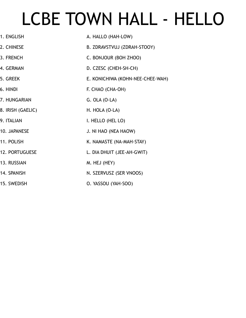 LCBE TOWN HALL - HELLO Worksheet