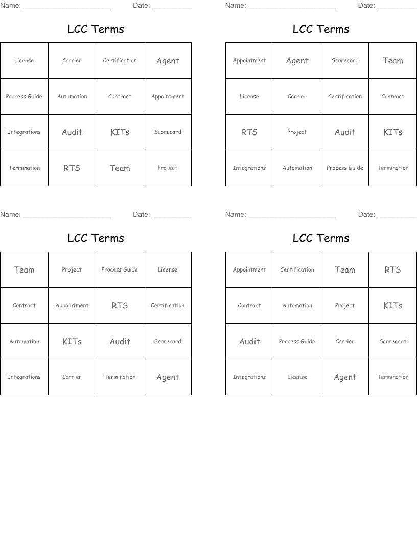 LCC Terms Bingo Cards