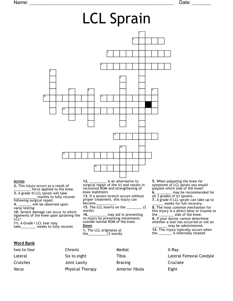 LCL Sprain Crossword