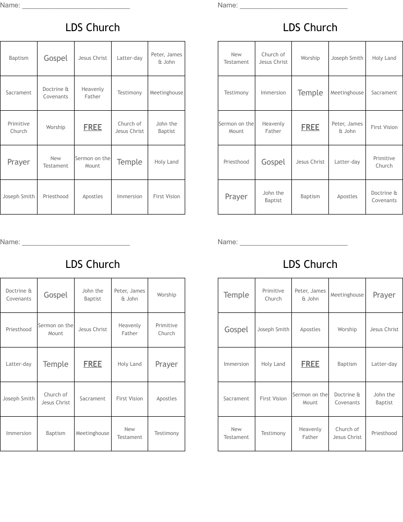 LDS Church Bingo Cards
