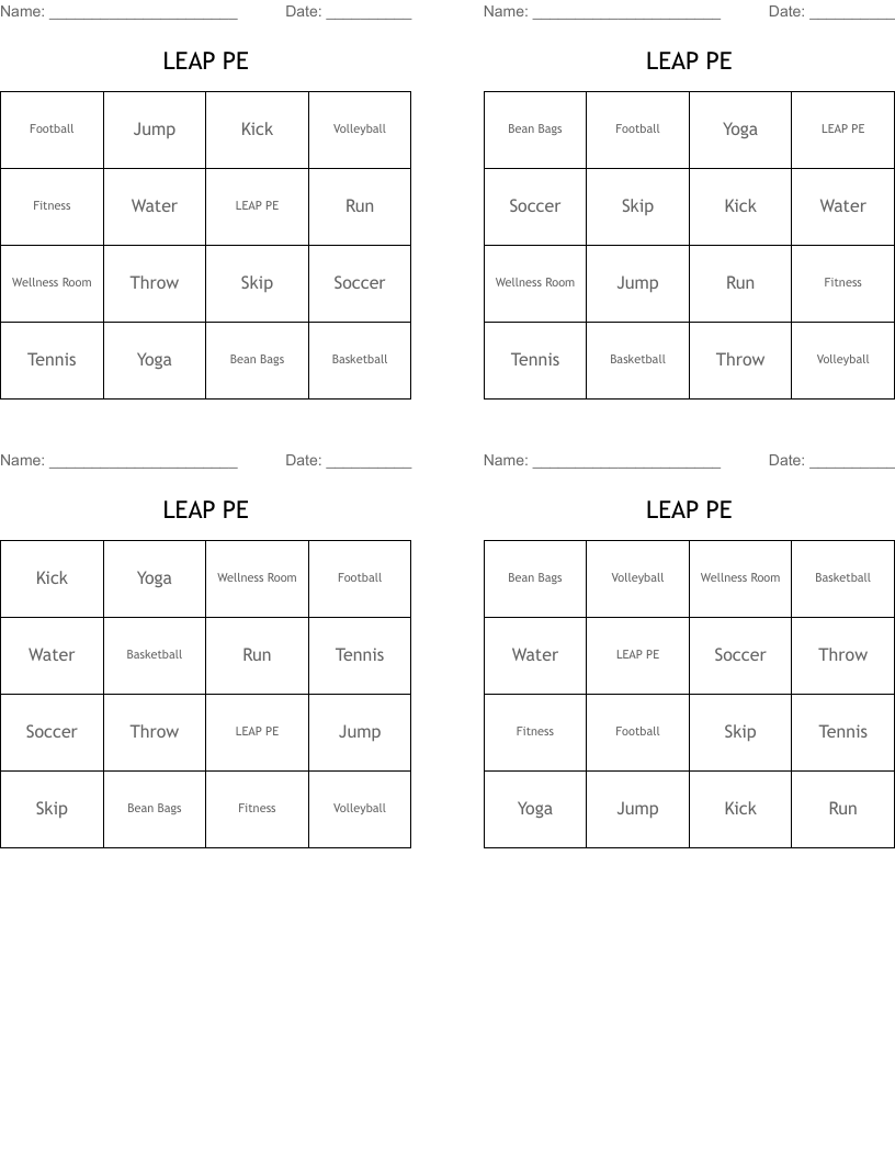 LEAP PE Bingo Cards