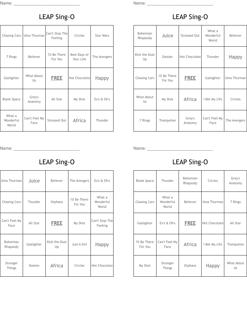 LEAP Sing-O Bingo Cards